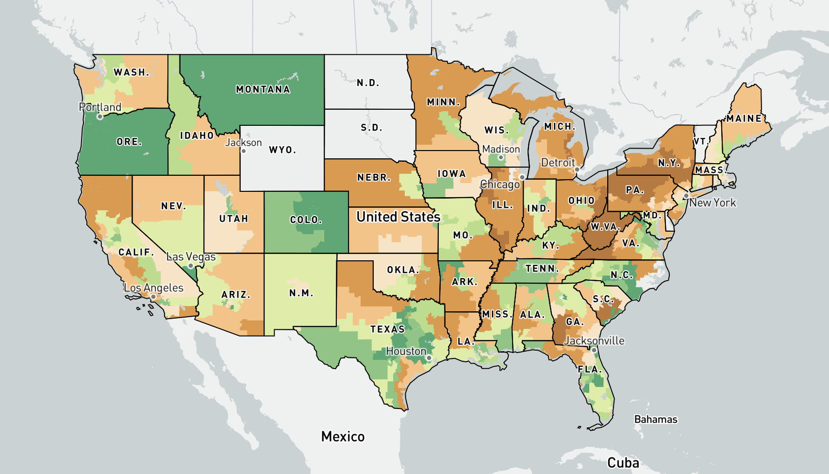 mapa de los Estados Unidos que visualiza cambios en la población