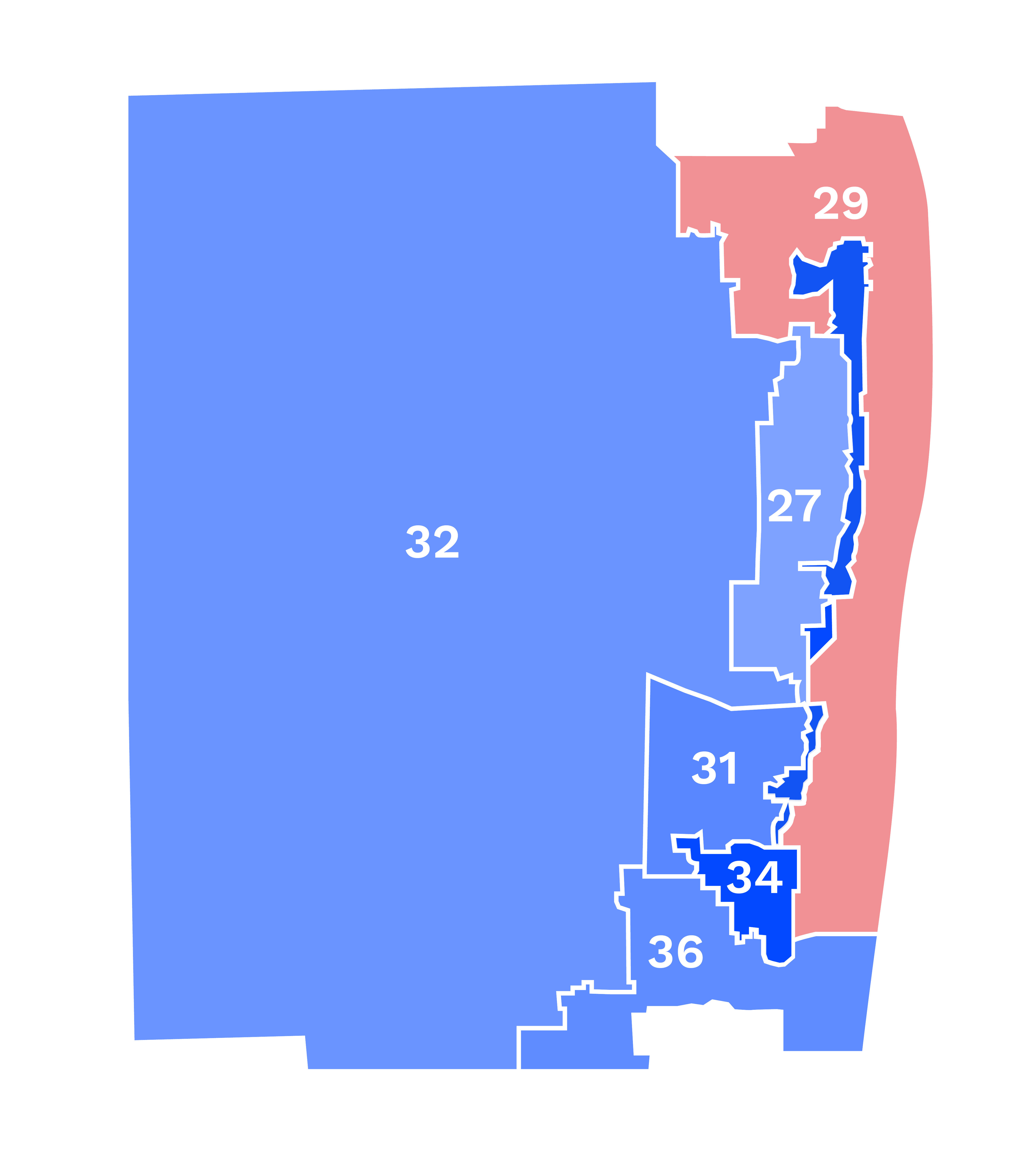 This is a map of four districts on Florida’s South Eastern coast, as drawn in the plan passed by the Legislature.  Two districts are narrow and elongated, stretching non-compactly along the coastline.  At its narrowest point, District 34 is less than a tenth of a mile wide, connected by Interstate highway 95.