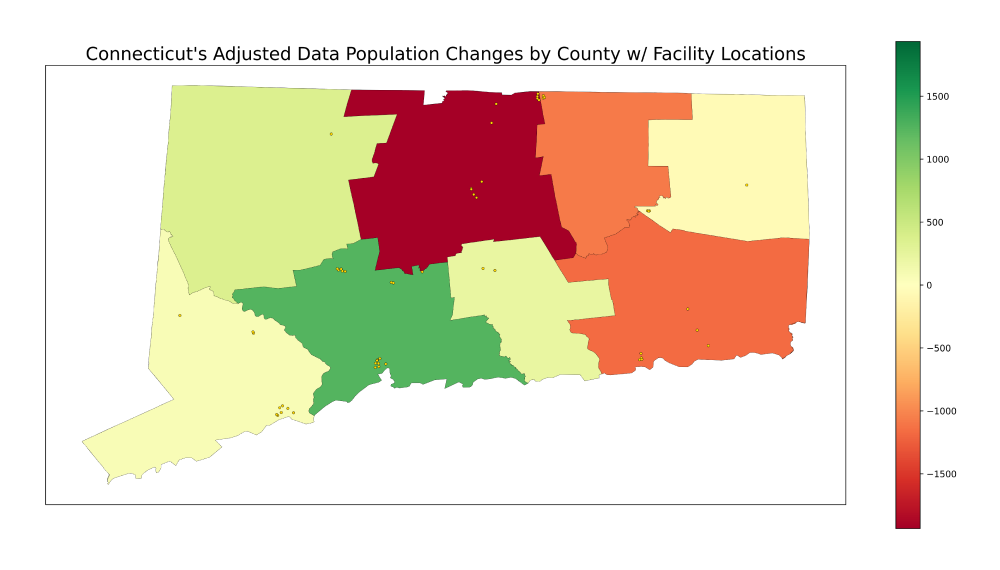 Cambios de población de datos ajustados de Connecticut por condado con ubicación de instalaciones