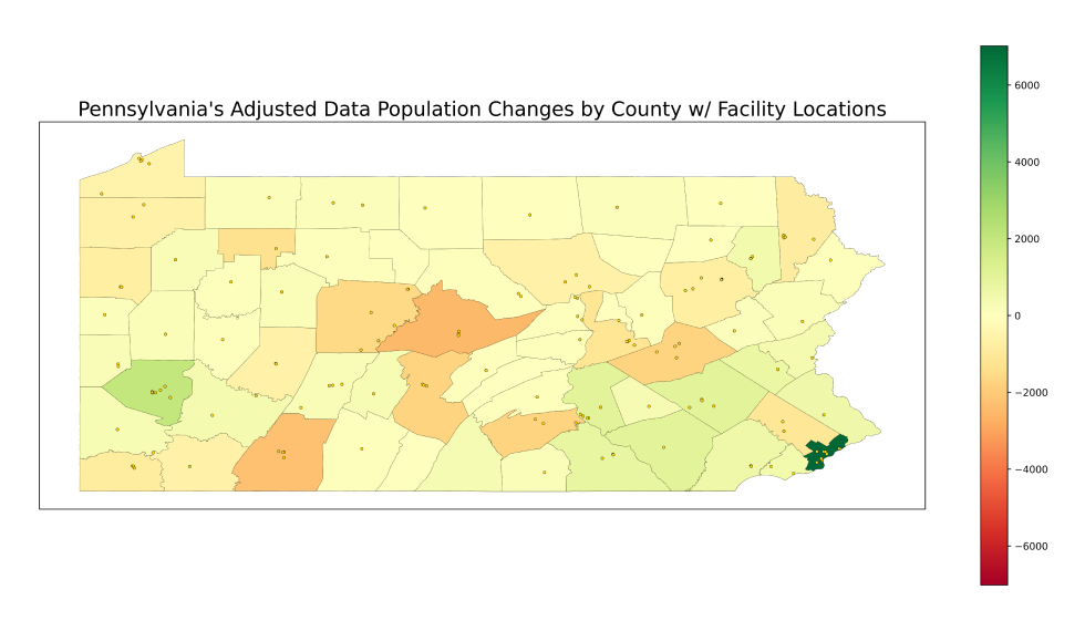 Cambios de población de datos ajustados de Pensilvania por condado con ubicación de instalaciones