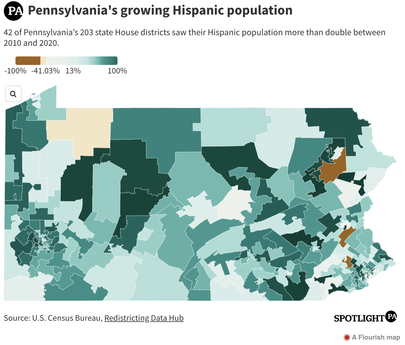 Pennsylavania's Growing Hispanic Population 42 of Pennsylvania’s 203 state House districts saw their Hispanic population more than double between 2010 and 2020.