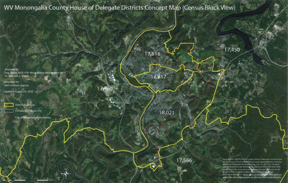 League of Women Voters Monongalia County House of Delegate Districts Concept Map (Census Block view) Prepared by Jing Zhang and Dr. Kenneth C. Martis for League of Women Voters West Virginia Updated August 25, 2021