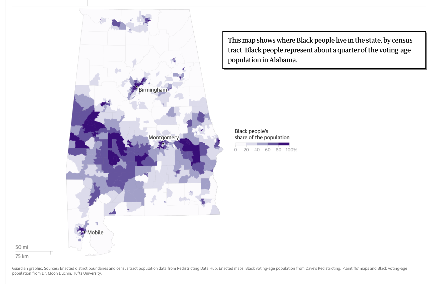 This map shows where Black people live in the state by census tract.
            Black people represent about a quarter of the voting age population in
            Alabama.