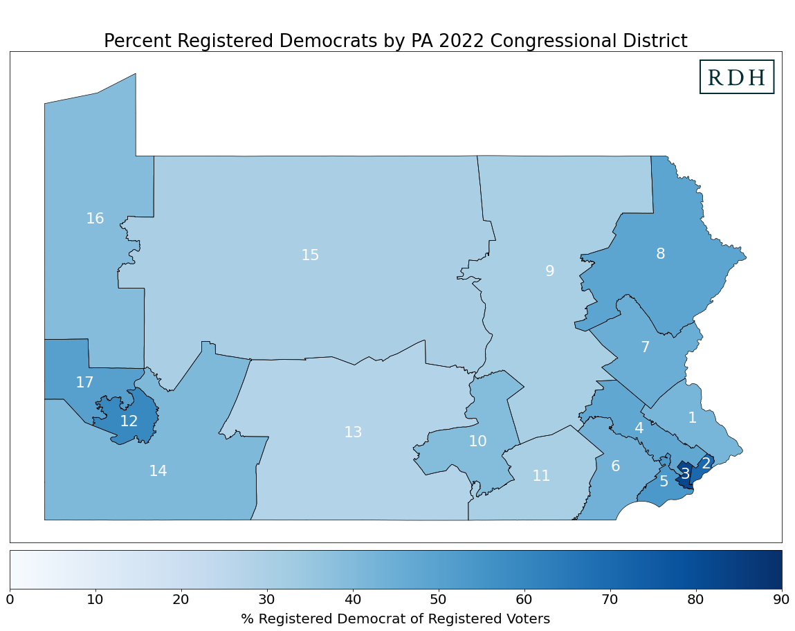Porcentaje de demócratas registrados por PA 2022 Distrito del Congreso