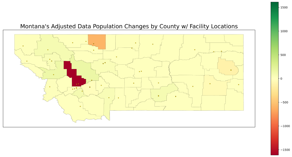 Cambios en la población de datos ajustados de Montana por condado con ubicaciones de instalaciones