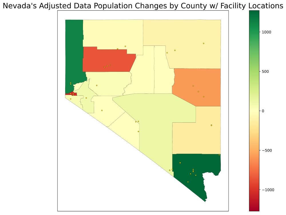 Cambios de población de datos ajustados de Nevada por condado con ubicación de instalaciones